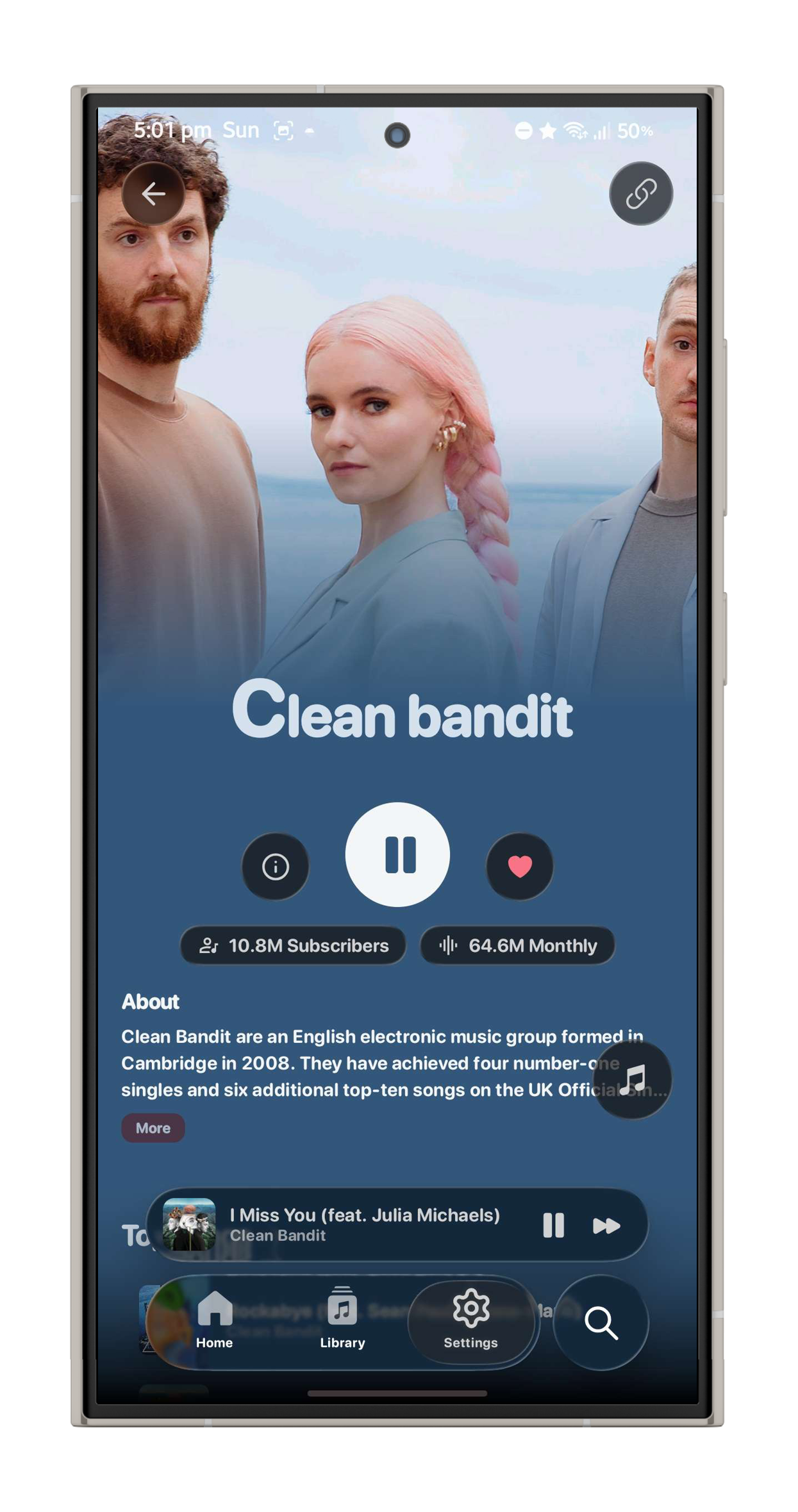 Convx artist page for Clean Bandit with subscriber and monthly listener counts
