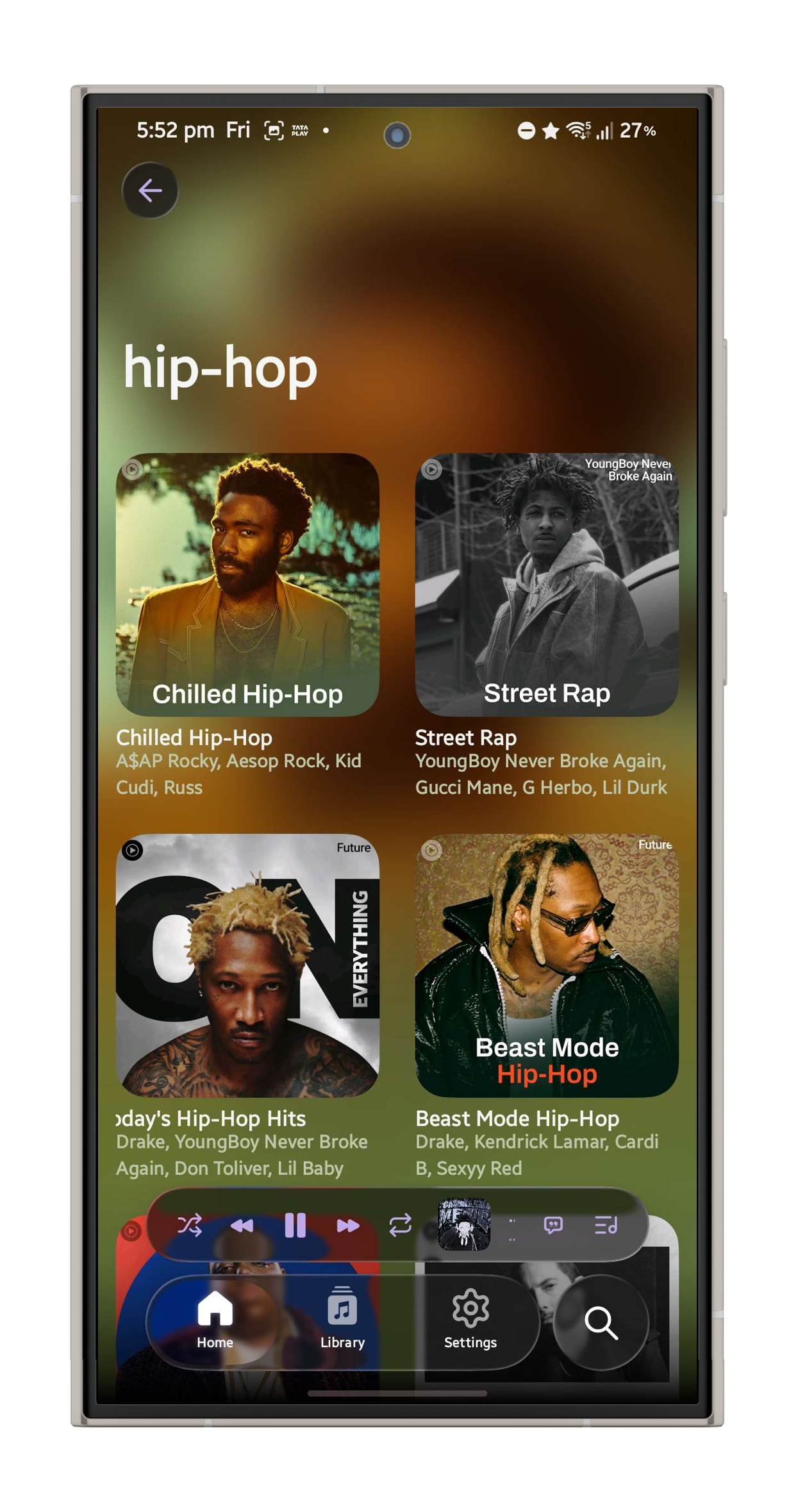 Convx hip-hop genre page with playlist tiles