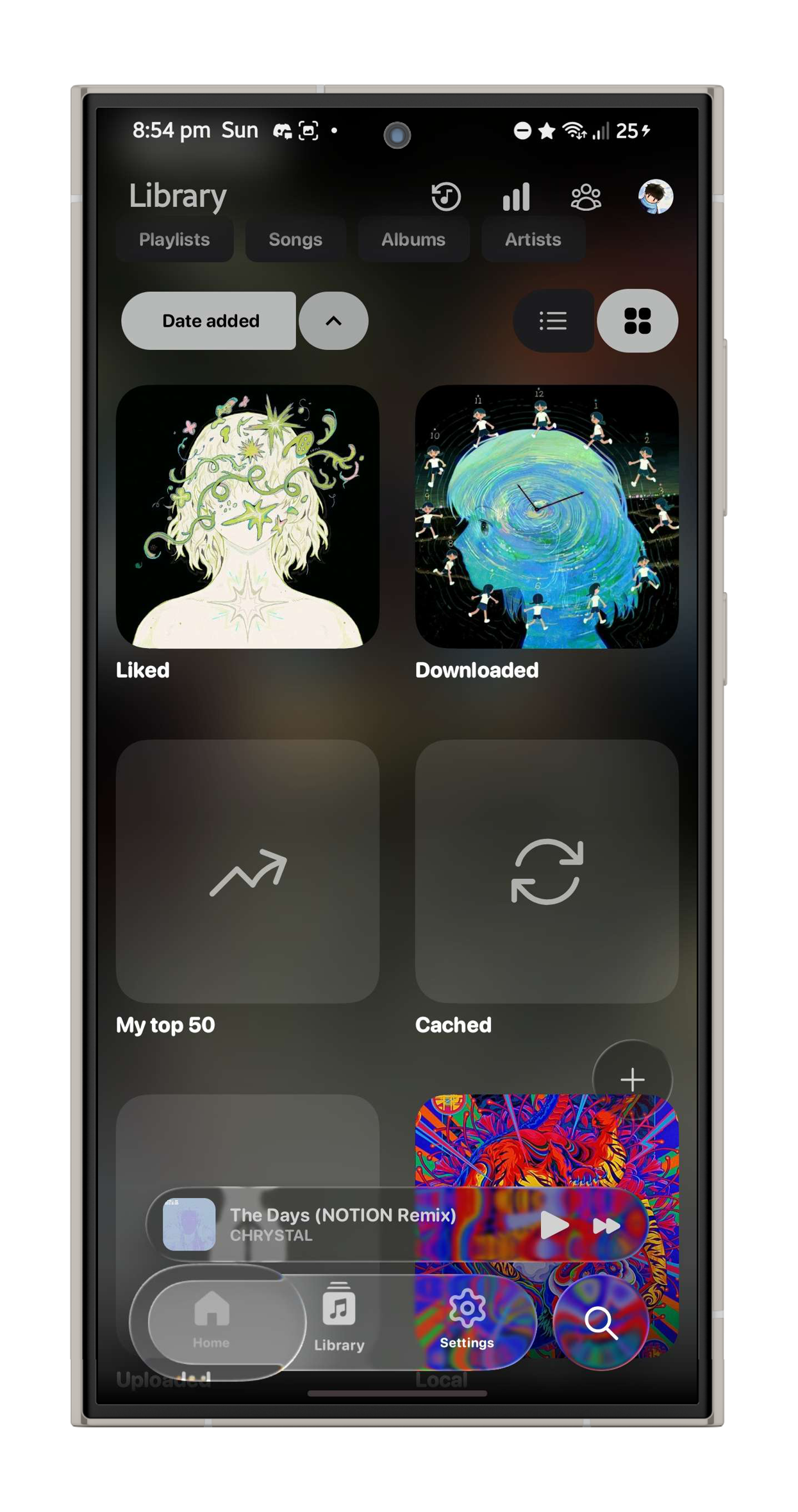 Convx library grid with liked, downloaded, top 50 and cached playlists